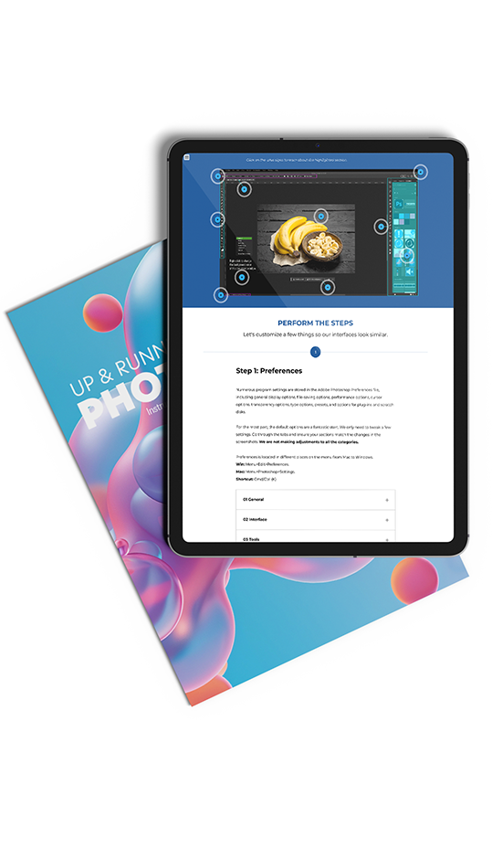 Layout of tablet with eCourse displayed sitting on course workbook